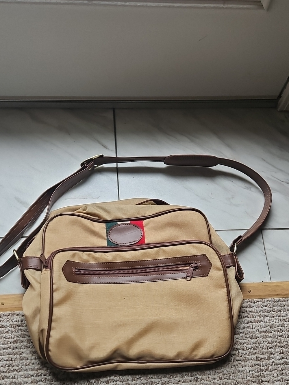 Beige Canvas Crossbody Bag with Brown Trim